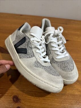 Veja Men's Grey Suede & Knit Sneakers with Black V Logo